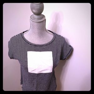 Navy and white stripe tee with faux leather patch